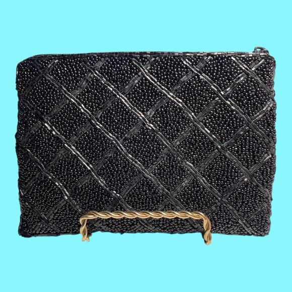 Lancome Beaded Clutch Evening Bag Zipper 4 1/2” X 6” Black - Picture 3 of 13